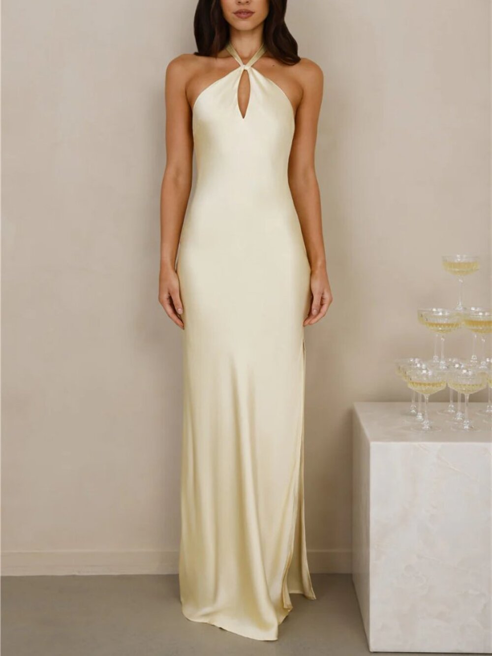 The Delilah Satin Halter Maxi Dress - Butter Yellow - Hello Molly - Picture 4 of 12